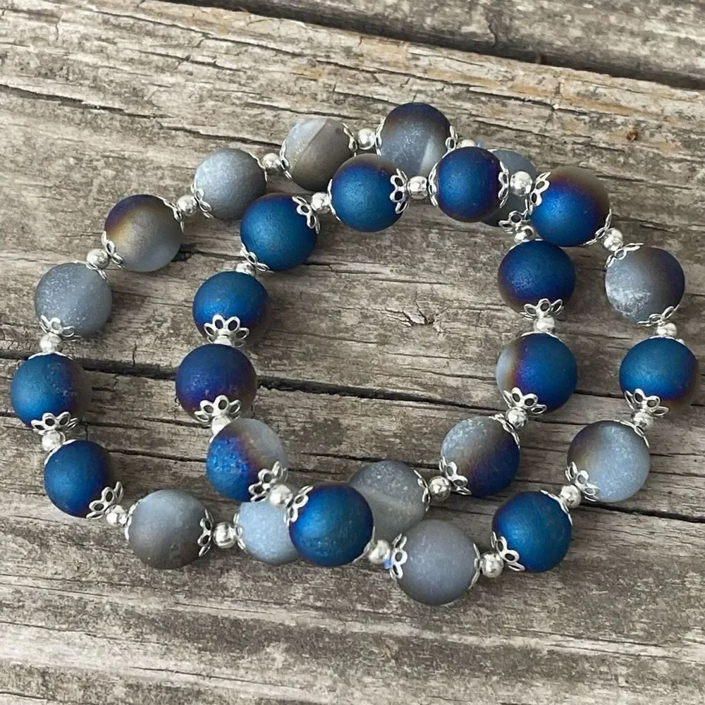 Druzy Peacock Aura Agate Crystal 10mm NEW blue purple white gold bracelet ONE st